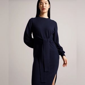 Ted Baker Essya Wool Blend Long Sleeve Tie Waist Sweater Dress in US 6 Blue NWT